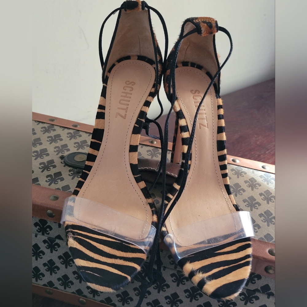 SCHUTZ Sandstone Animal Print Lace-Up Heels Sz 7.5 Calf Pony Hair - Picture 3 of 13